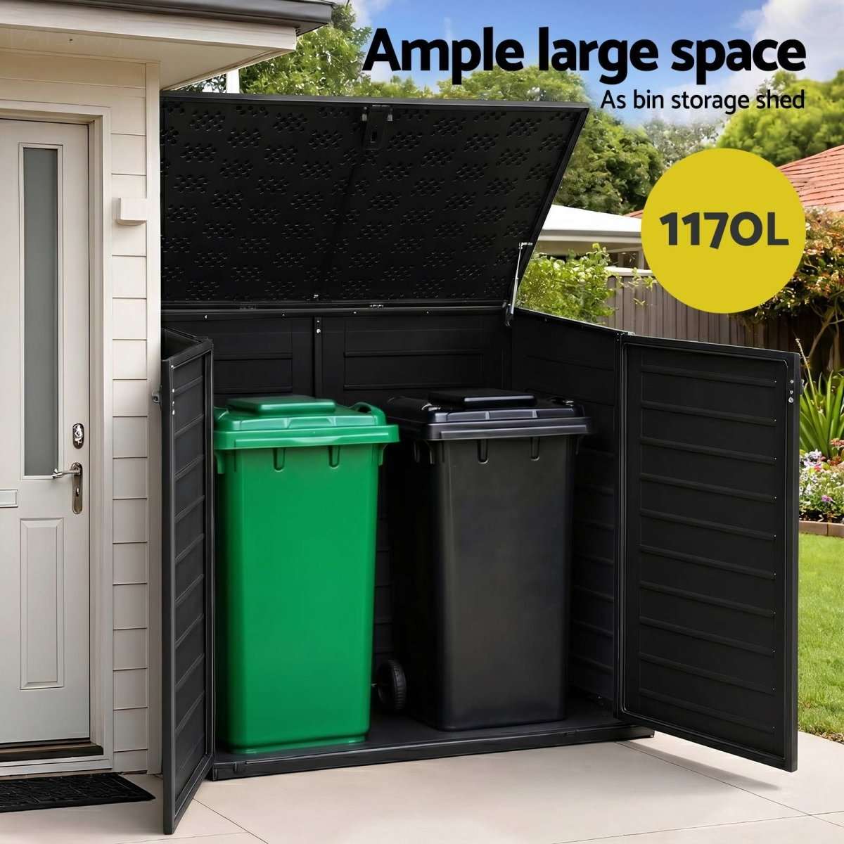 Gardeon Outdoor Storage Box 1170L Container Lockable Cabinet Tool Organizer Shed Black | Home & Garden > Storage > Storage Boxes
