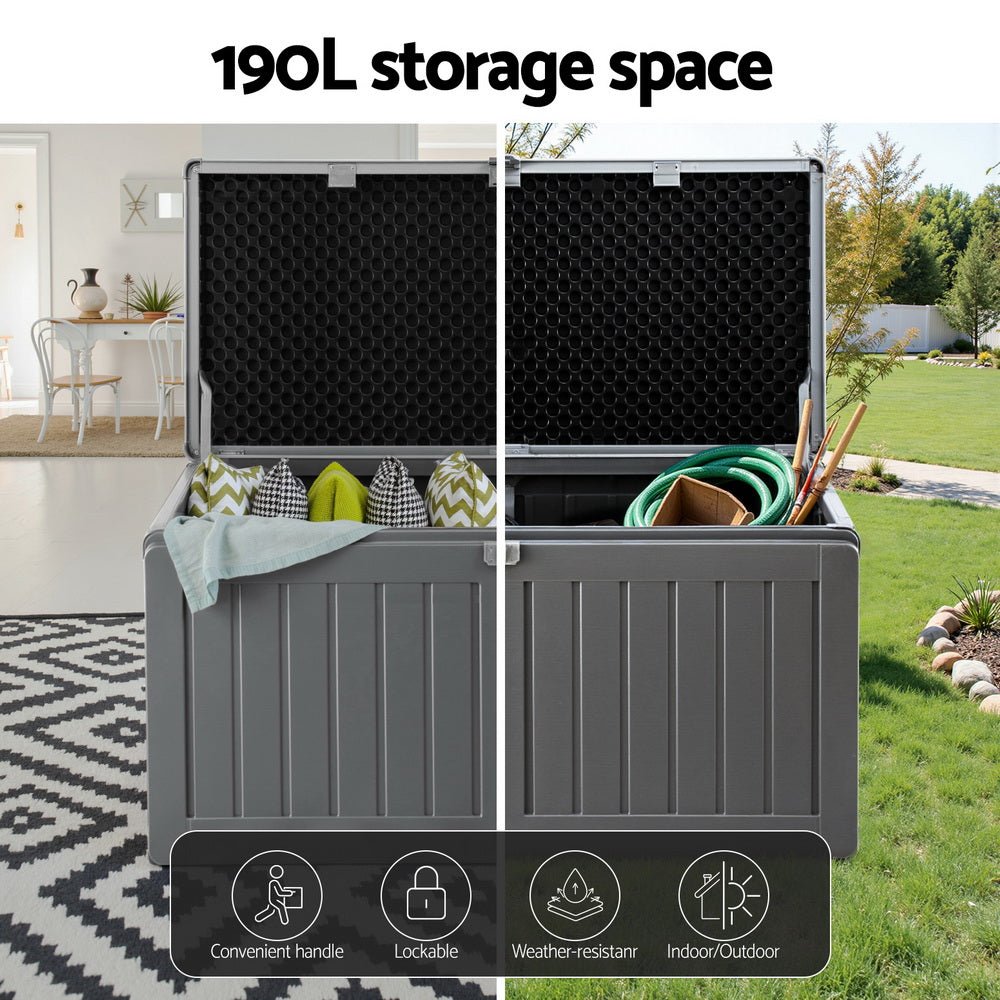 Gardeon Outdoor Storage Box 190L Container Lockable Garden Bench Tool Shed Black - Outdoorium