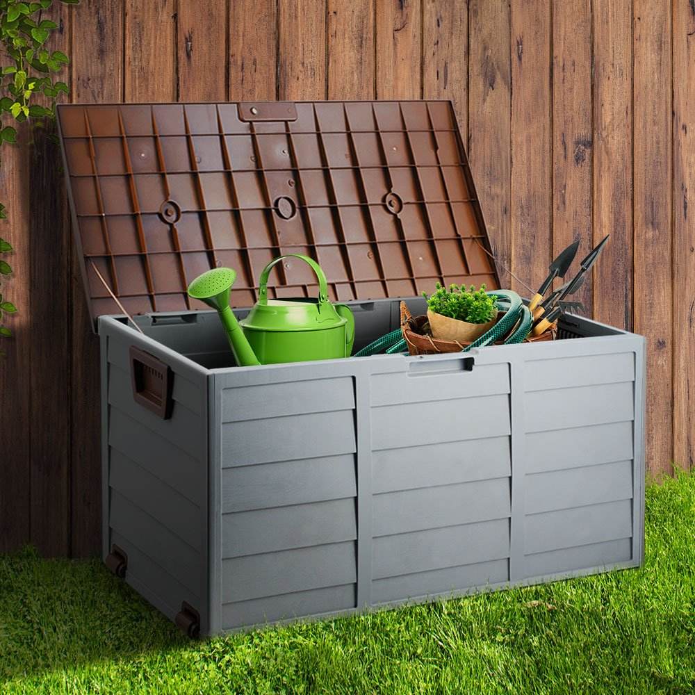 Gardeon Outdoor Storage Box 290L Lockable Organiser Garden Deck Shed Tool Brown - Outdoorium