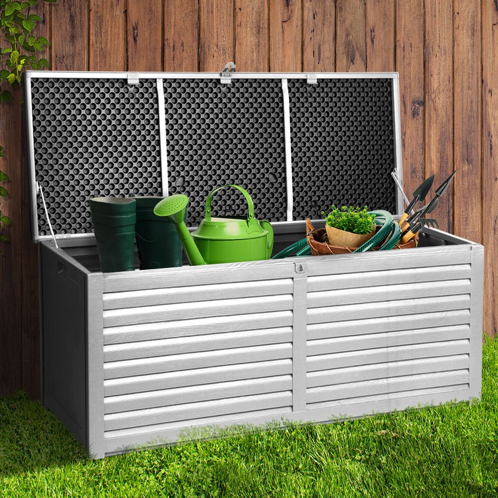 Gardeon Outdoor Storage Box 390L Container Lockable Garden Bench Tools Toy Shed Black - Outdoorium