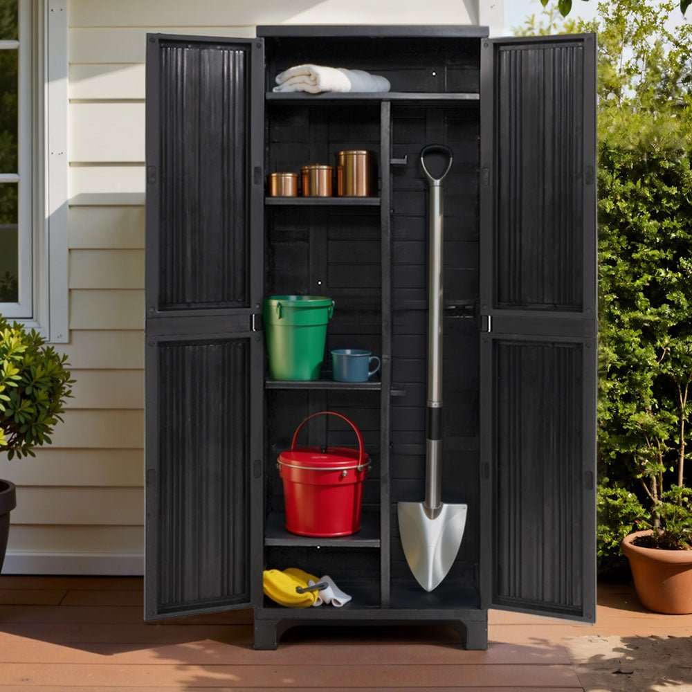 Gardeon Outdoor Storage Cabinet Box 173cm Lockable Cupboard Sheds Garage Adjustable Black | Home & Garden > Storage
