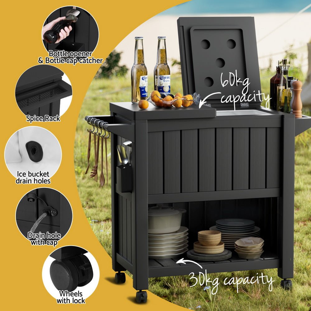 Gardeon Outdoor Storage Cabinet Box 80L Ice Bucket Cooler Rolling Serving Cart Kitchen Trolley - Outdoorium