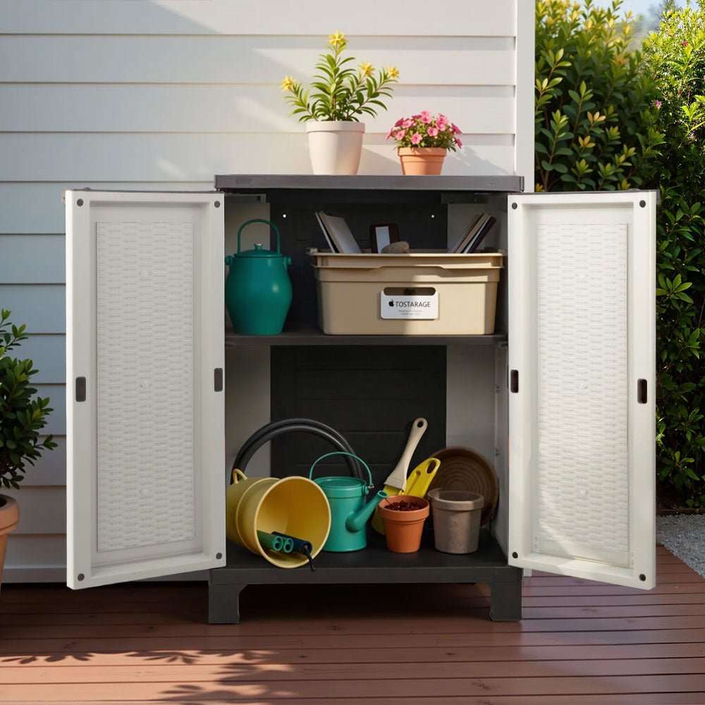 Gardeon Outdoor Storage Cabinet Box 92cm Lockable Cupboard Sheds Adjustable Rattan Beige | Home & Garden > Storage
