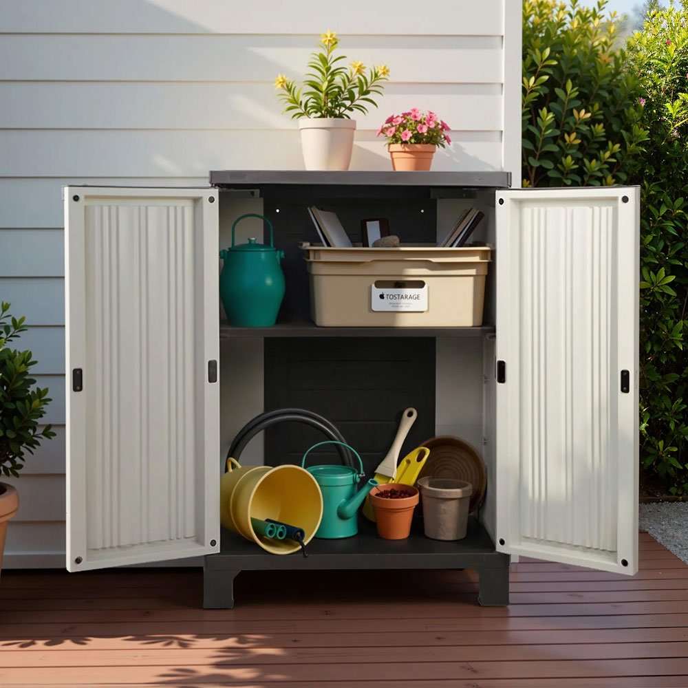 Gardeon Outdoor Storage Cabinet Box 92cm Lockable Cupboard Sheds Garage Adjustable Beige | Home & Garden > Storage