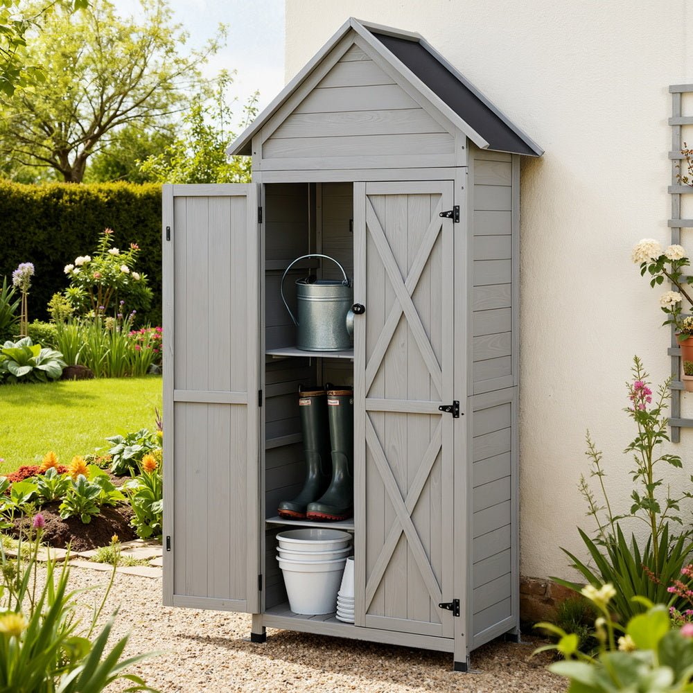 Gardeon Outdoor Storage Cabinet Cupboard Lockable Tool Organizer Shed Adjustable Grey | Outdoorium