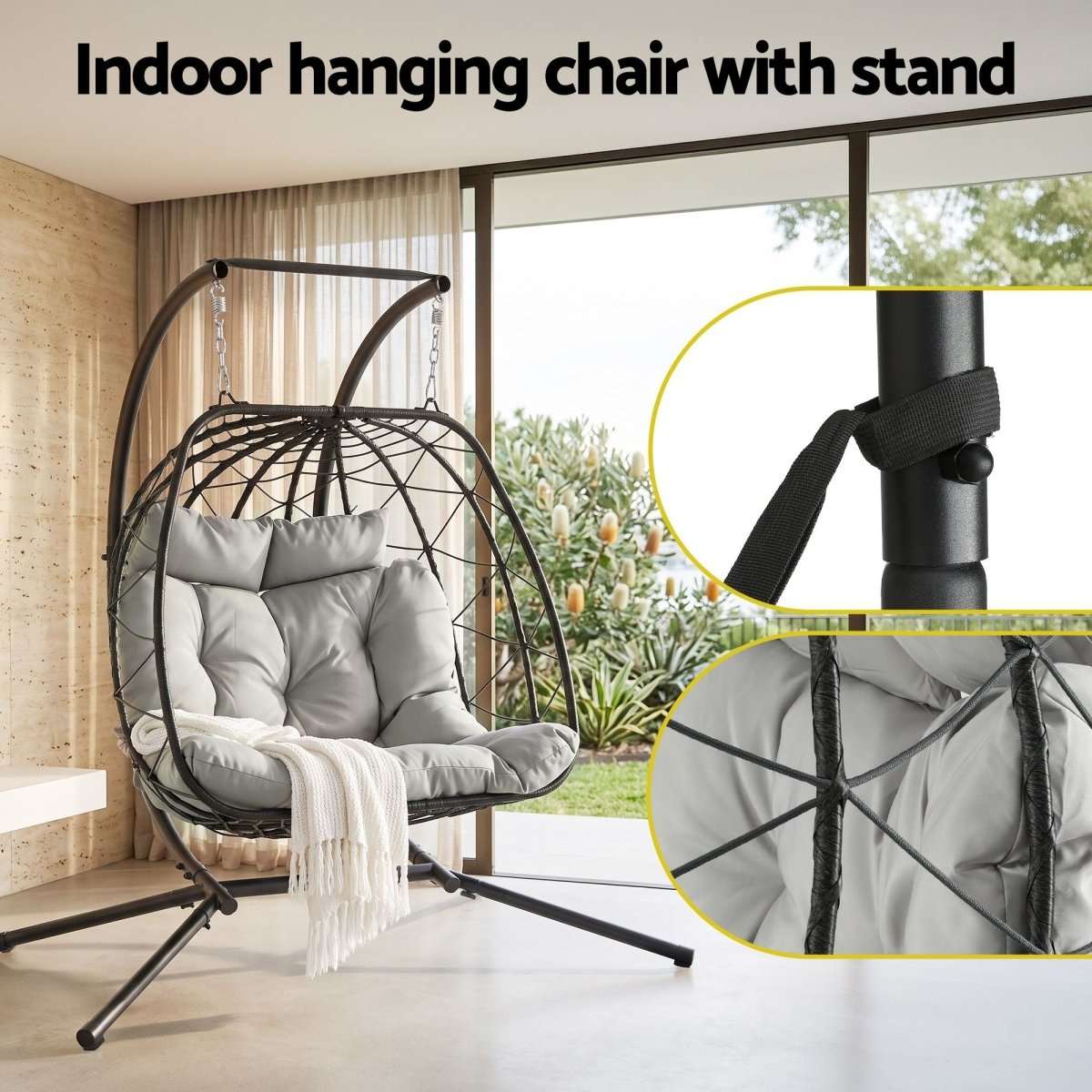 Gardeon Outdoor Swing Chair 2 Seater with Stand Cushion Rattan Patio Furniture | Furniture > Outdoor > Outdoor Chairs