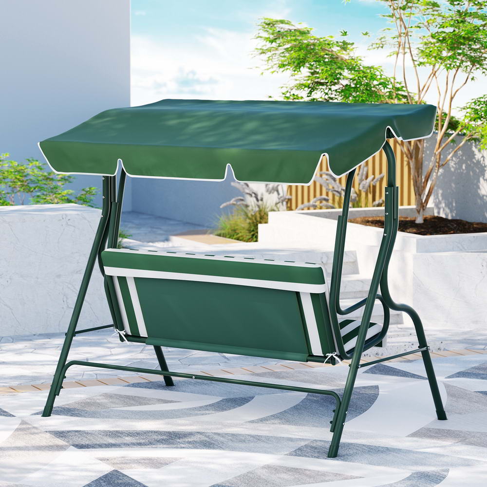 Gardeon Outdoor Swing Chair Garden Bench Furniture Canopy 3 Seater White Green - Outdoorium