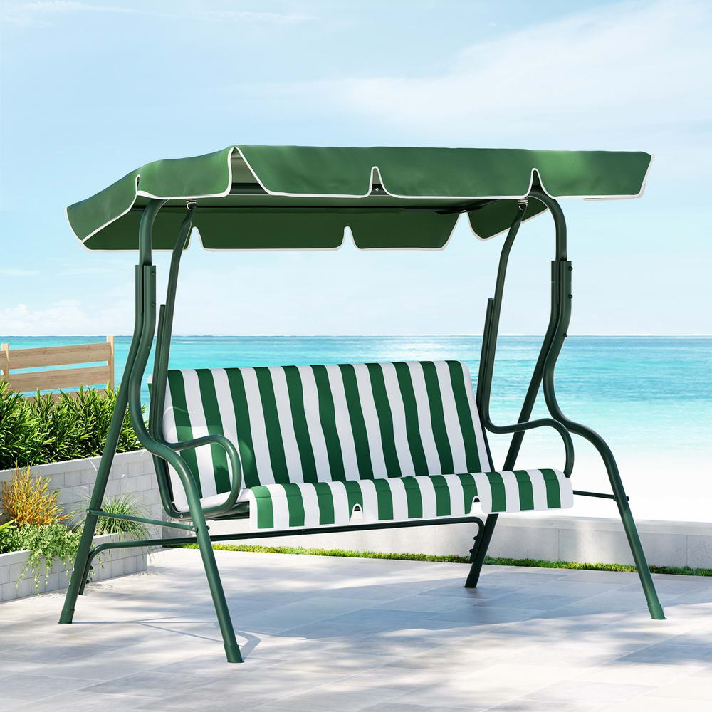 Gardeon Outdoor Swing Chair Garden Bench Furniture Canopy 3 Seater White Green - Outdoorium