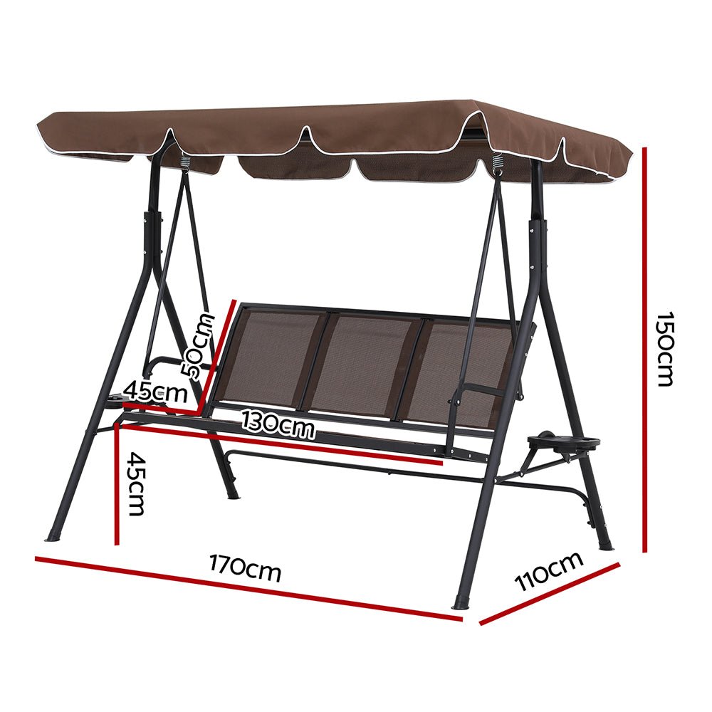 Gardeon Outdoor Swing Chair Garden Furniture Canopy Cup Holder 3 Seater Brown - Outdoorium