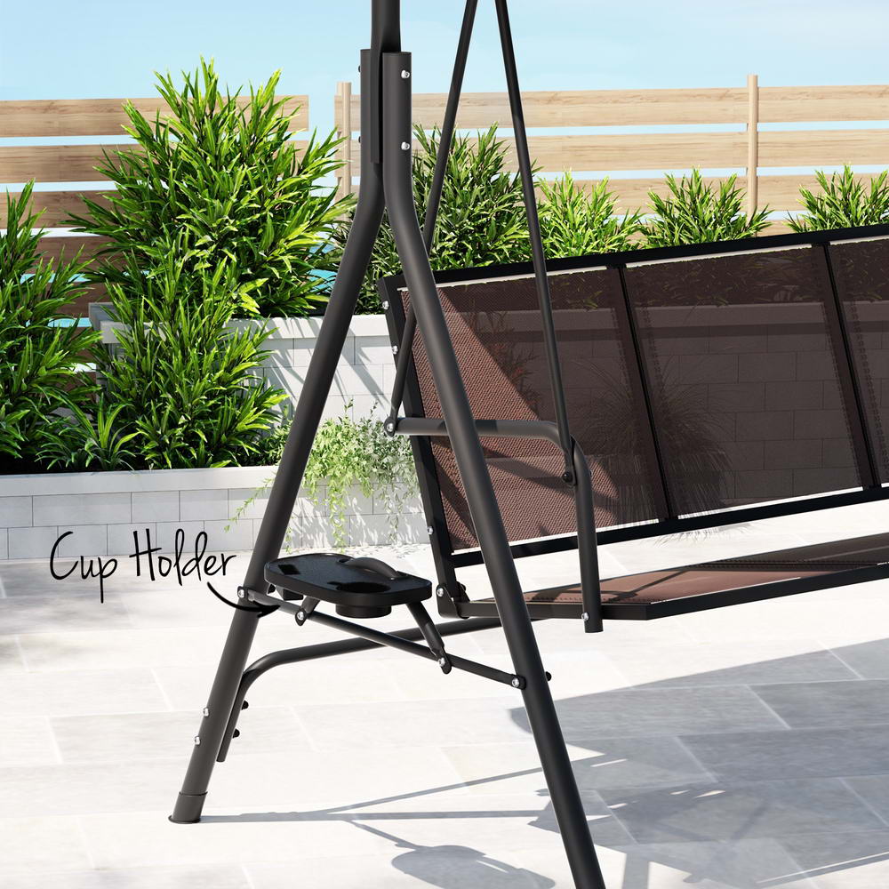 Gardeon Outdoor Swing Chair Garden Furniture Canopy Cup Holder 3 Seater Brown - Outdoorium