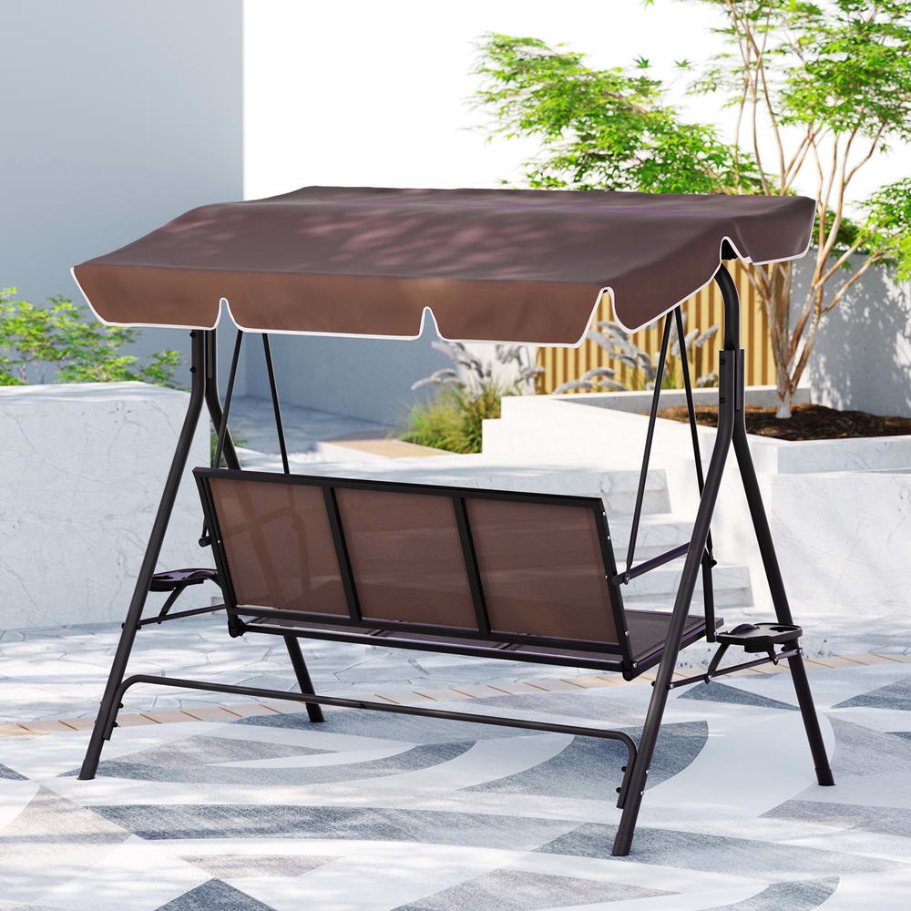 Gardeon Outdoor Swing Chair Garden Furniture Canopy Cup Holder 3 Seater Brown - Outdoorium