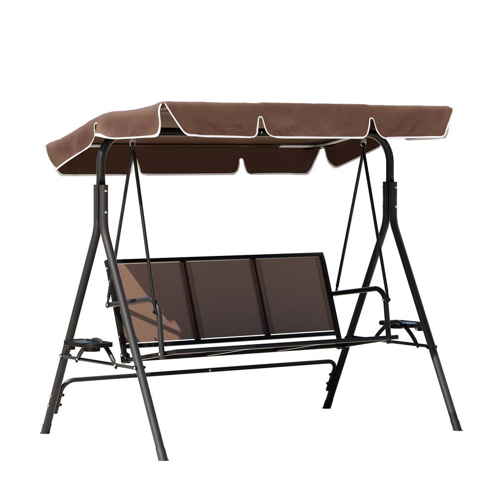 Gardeon Outdoor Swing Chair Garden Furniture Canopy Cup Holder 3 Seater Brown - Outdoorium