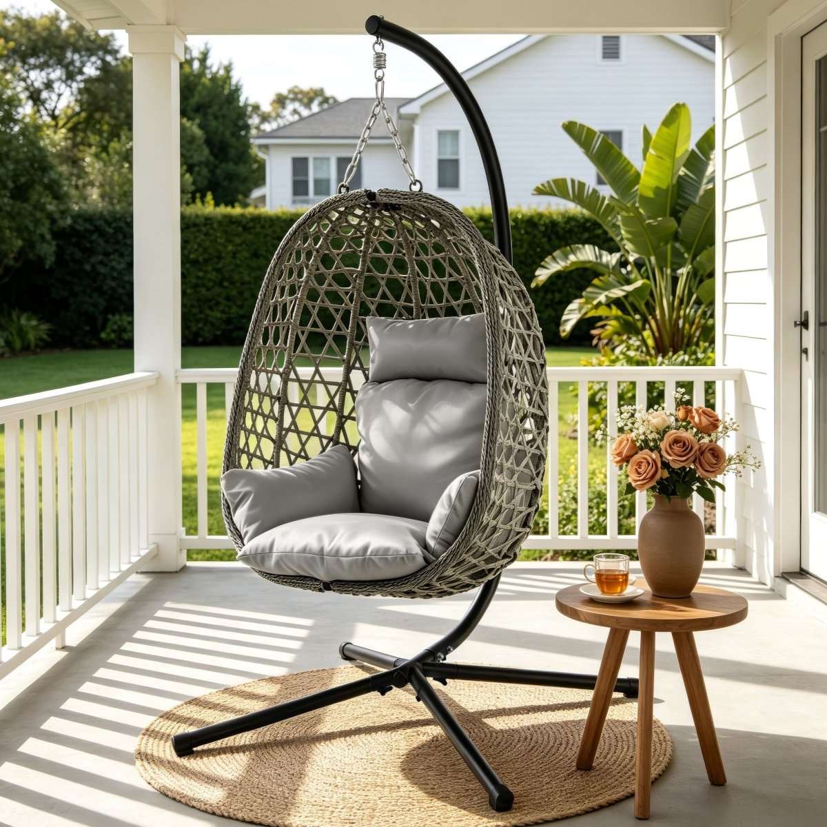 Gardeon Outdoor Swing Chair with Stand Cushion Rattan Furniture Grey | Furniture > Outdoor > Outdoor Chairs