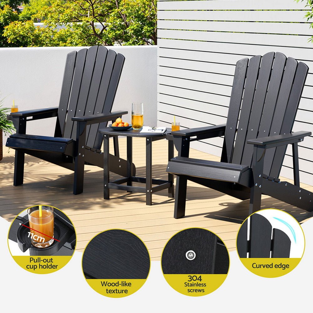 Gardeon Outdoor Table and Chairs HDPE Adirondack Beach Chair Sun Lounge Patio Furniture Garden Black | Outdoorium