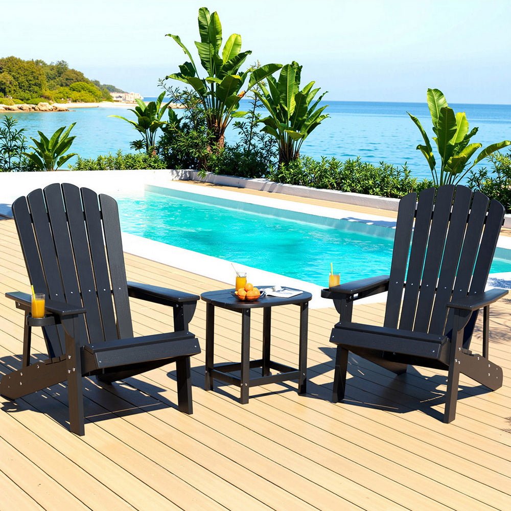 Gardeon Outdoor Table and Chairs HDPE Adirondack Beach Chair Sun Lounge Patio Furniture Garden Black | Outdoorium