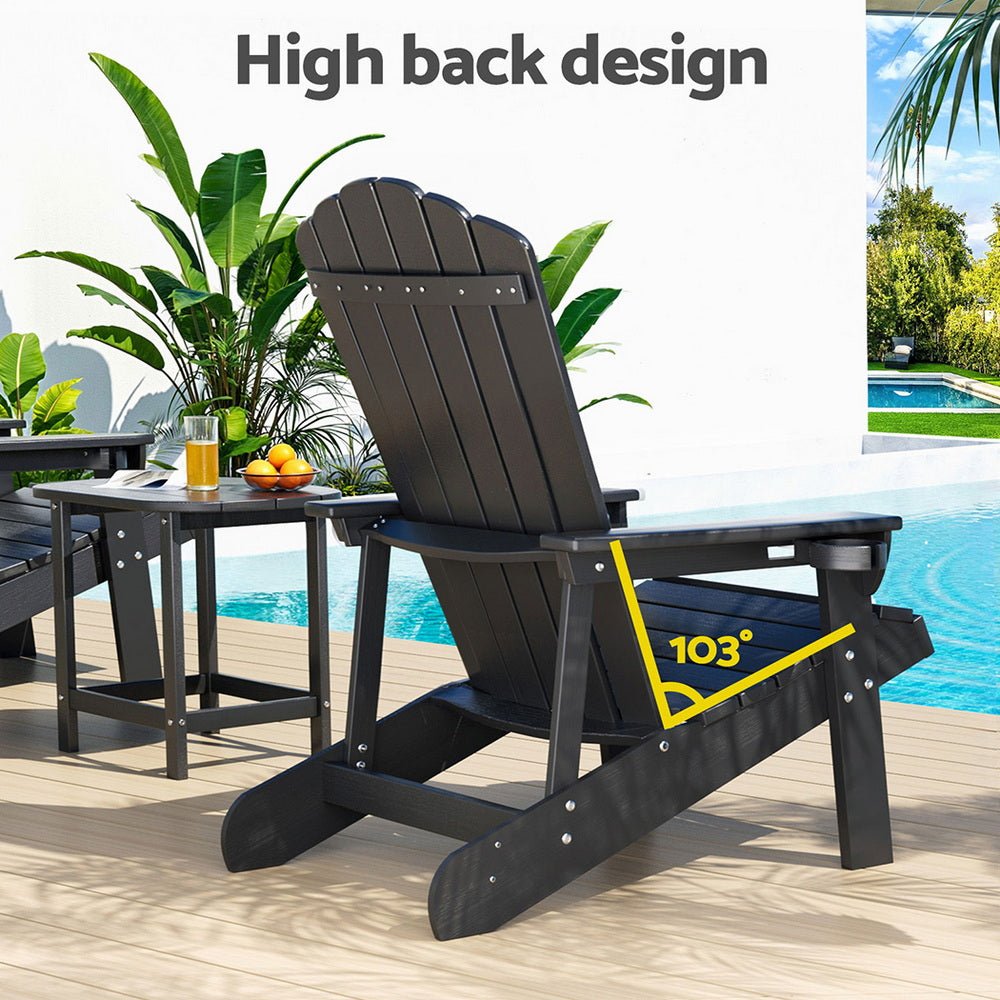 Gardeon Outdoor Table and Chairs HDPE Adirondack Beach Chair Sun Lounge Patio Furniture Garden Black | Outdoorium