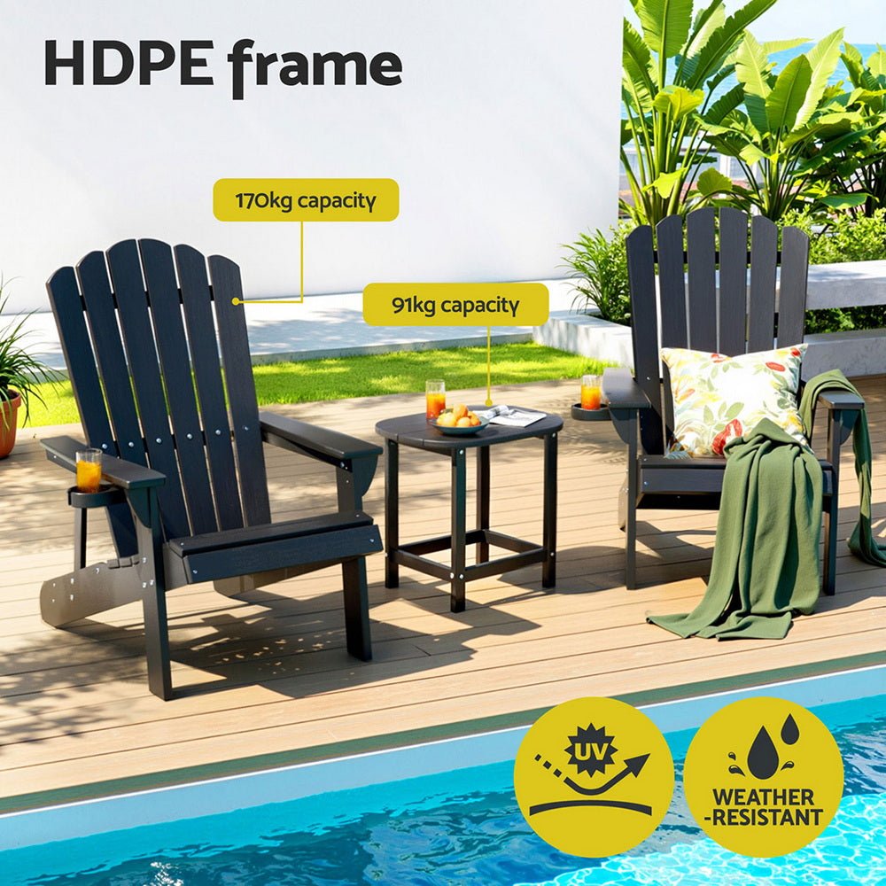 Gardeon Outdoor Table and Chairs HDPE Adirondack Beach Chair Sun Lounge Patio Furniture Garden Black | Outdoorium