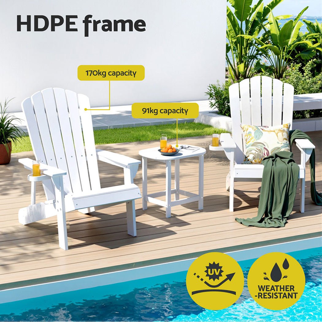 Gardeon Outdoor Table and Chairs HDPE Adirondack Beach Chair Sun Lounge Patio Furniture Garden White | Outdoorium