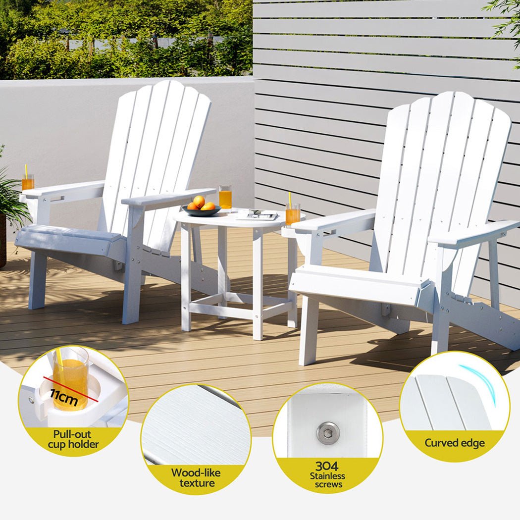 Gardeon Outdoor Table and Chairs HDPE Adirondack Beach Chair Sun Lounge Patio Furniture Garden White | Outdoorium