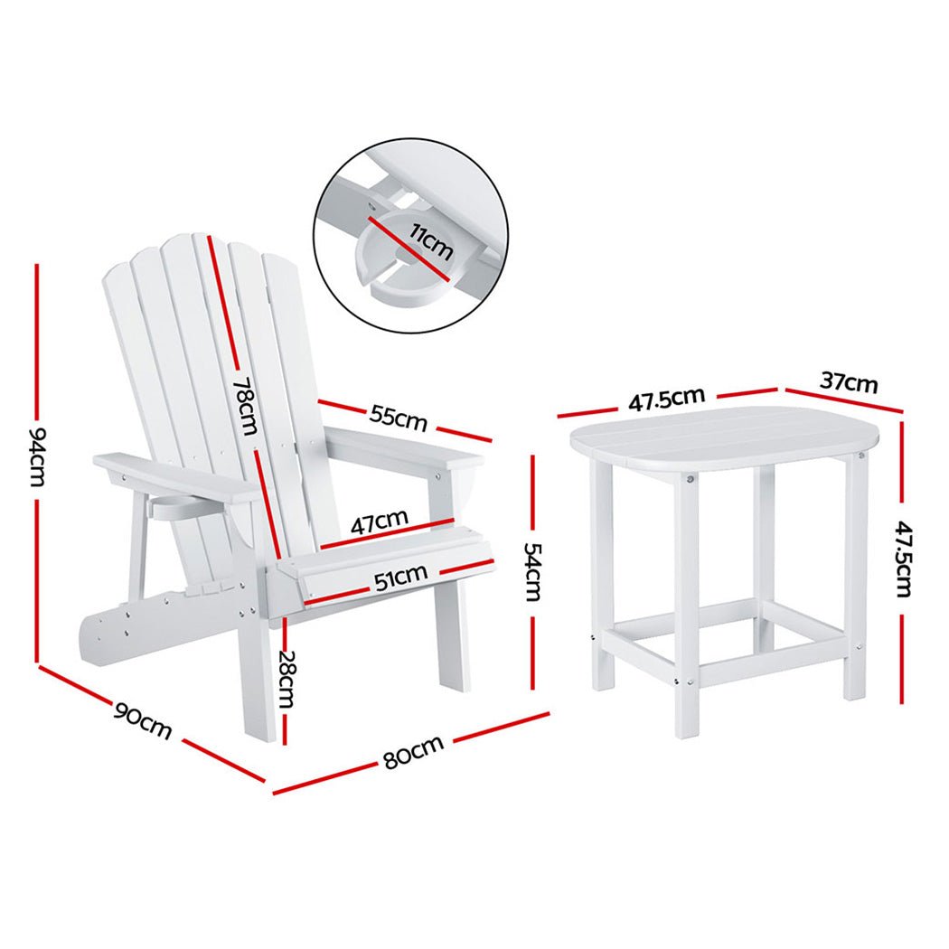Gardeon Outdoor Table and Chairs HDPE Adirondack Beach Chair Sun Lounge Patio Furniture Garden White | Outdoorium
