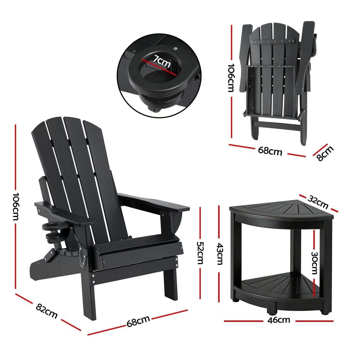 Gardeon Outdoor Table and Chairs HDPE Folding Adirondack Beach Chair Patio Furniture Black | Furniture > Outdoor > Outdoor Chairs