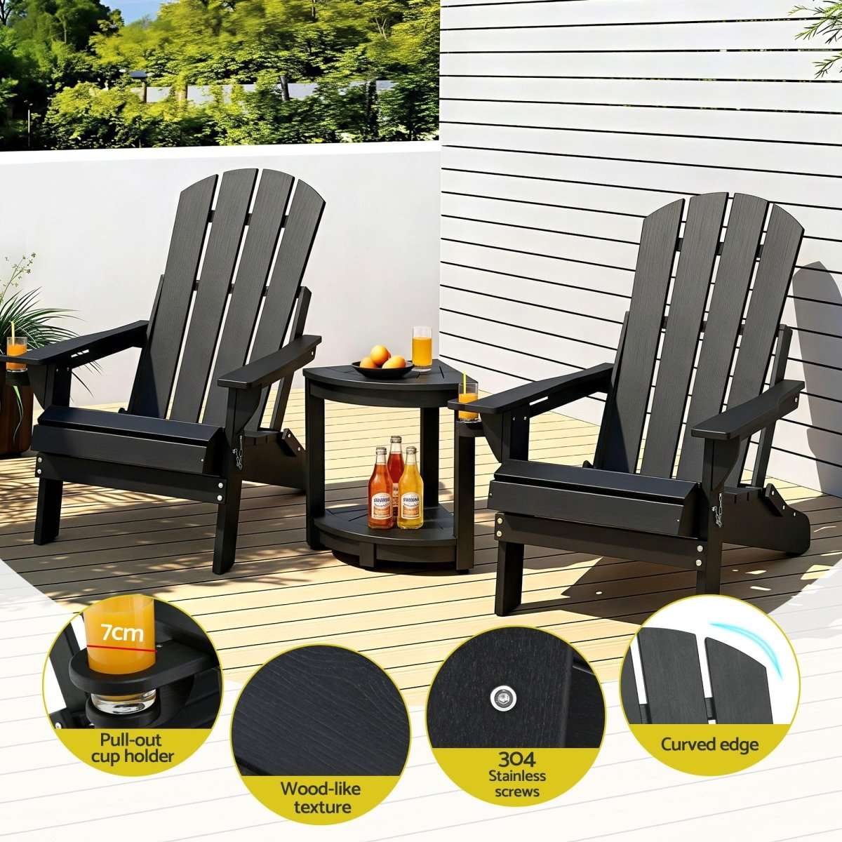 Gardeon Outdoor Table and Chairs HDPE Folding Adirondack Beach Chair Patio Furniture Black | Furniture > Outdoor > Outdoor Chairs