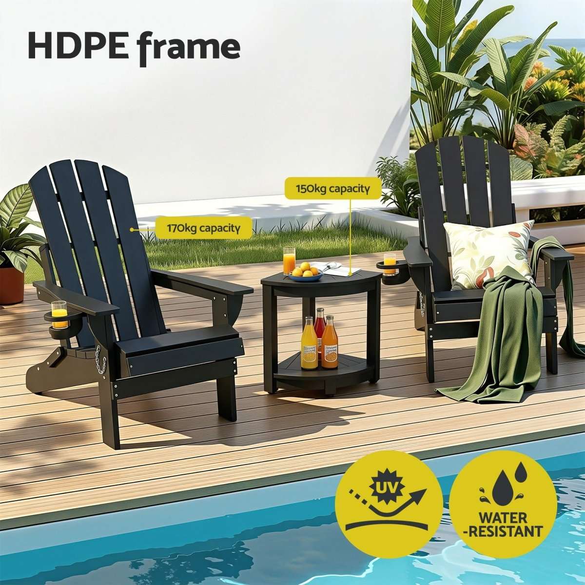 Gardeon Outdoor Table and Chairs HDPE Folding Adirondack Beach Chair Patio Furniture Black | Furniture > Outdoor > Outdoor Chairs