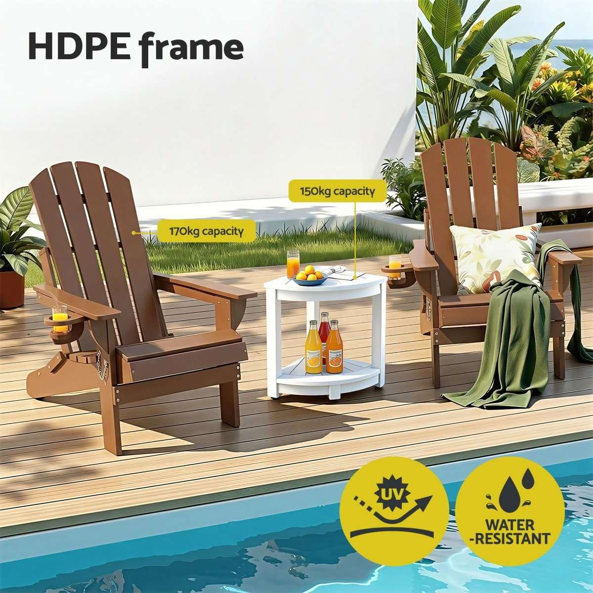 Gardeon Outdoor Table and Chairs HDPE Folding Adirondack Beach Chair Patio Furniture | Furniture > Outdoor > Outdoor Chairs