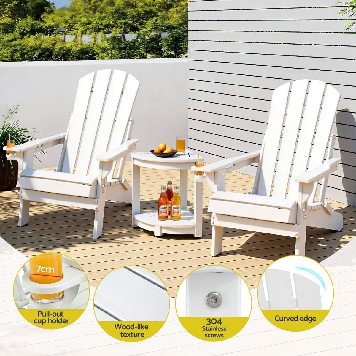Gardeon Outdoor Table and Chairs HDPE Folding Adirondack Beach Chair Patio Furniture White | Furniture > Outdoor > Outdoor Chairs