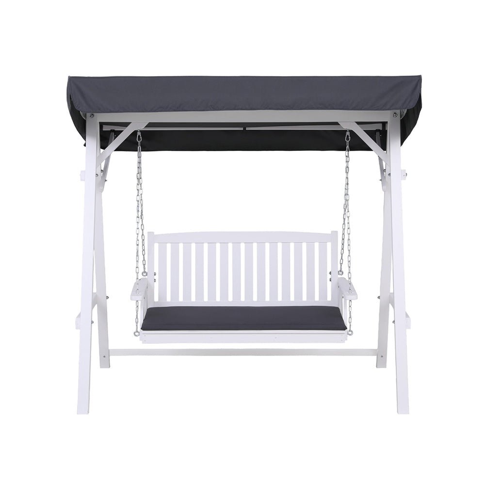 Gardeon Outdoor Wooden Swing Chair Garden Bench Canopy Cushion 3 Seater White | Outdoorium