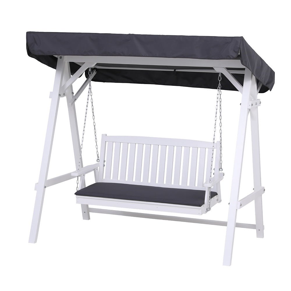 Gardeon Outdoor Wooden Swing Chair Garden Bench Canopy Cushion 3 Seater White | Outdoorium