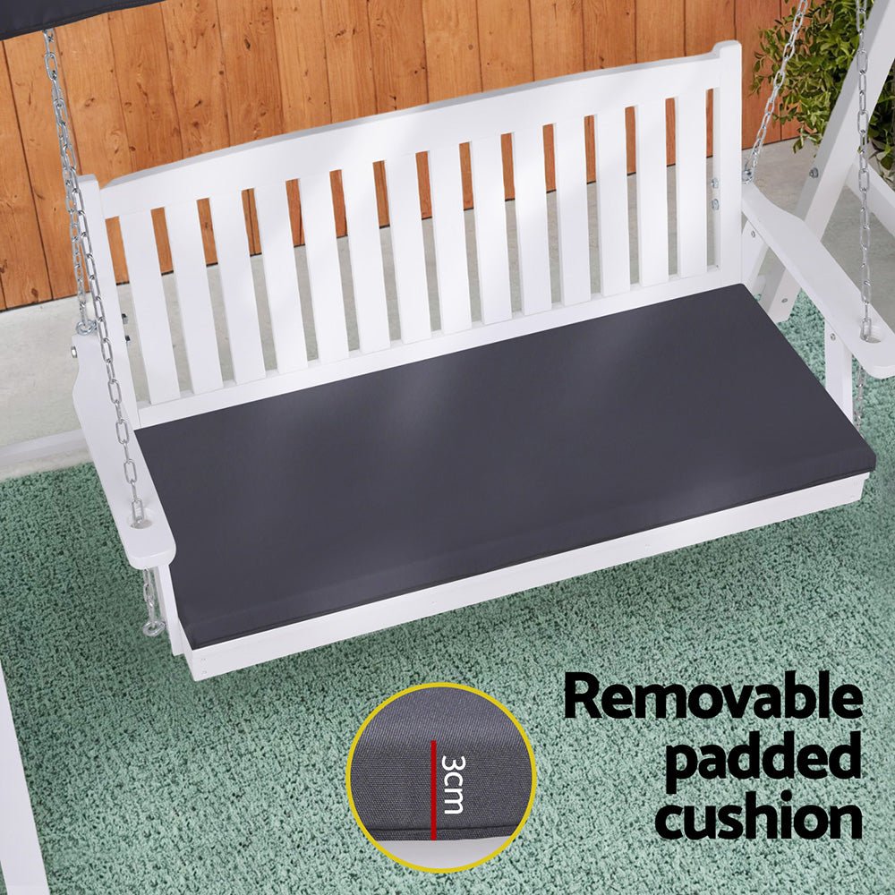 Gardeon Outdoor Wooden Swing Chair Garden Bench Canopy Cushion 3 Seater White | Outdoorium