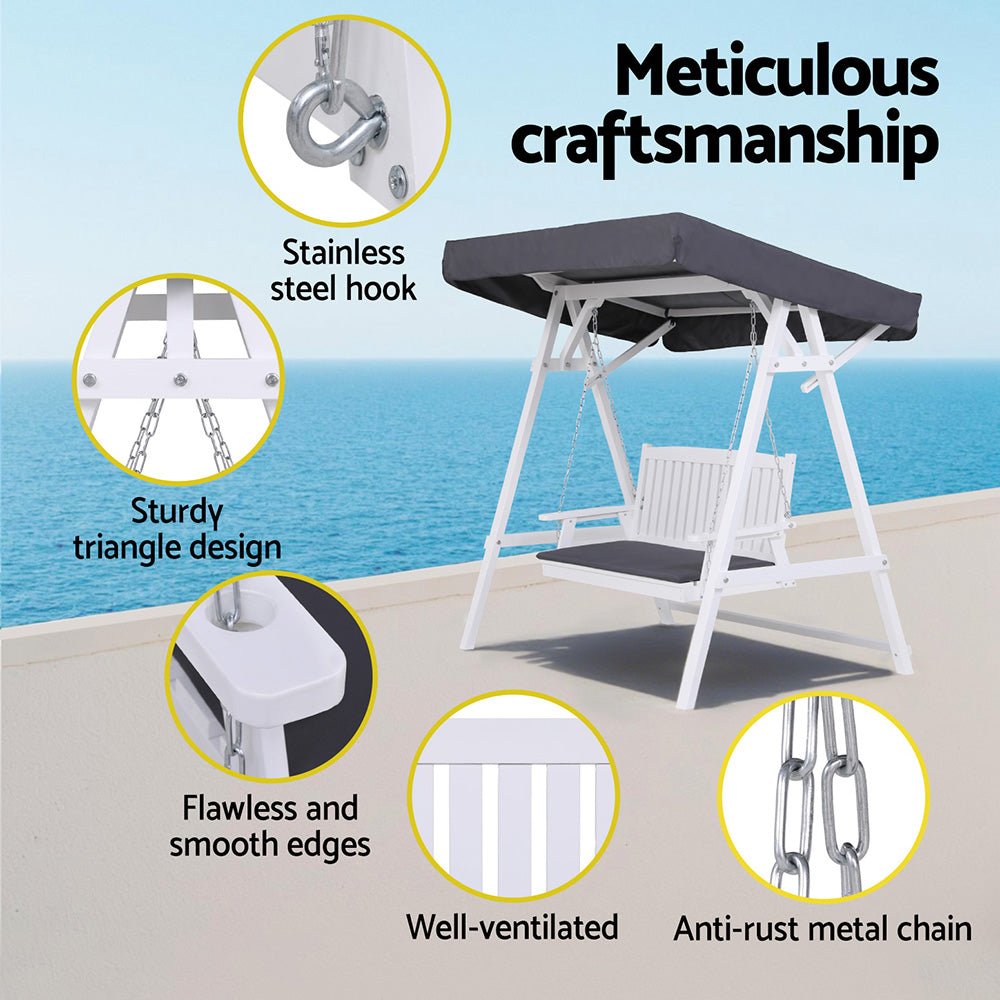 Gardeon Outdoor Wooden Swing Chair Garden Bench Canopy Cushion 3 Seater White | Outdoorium