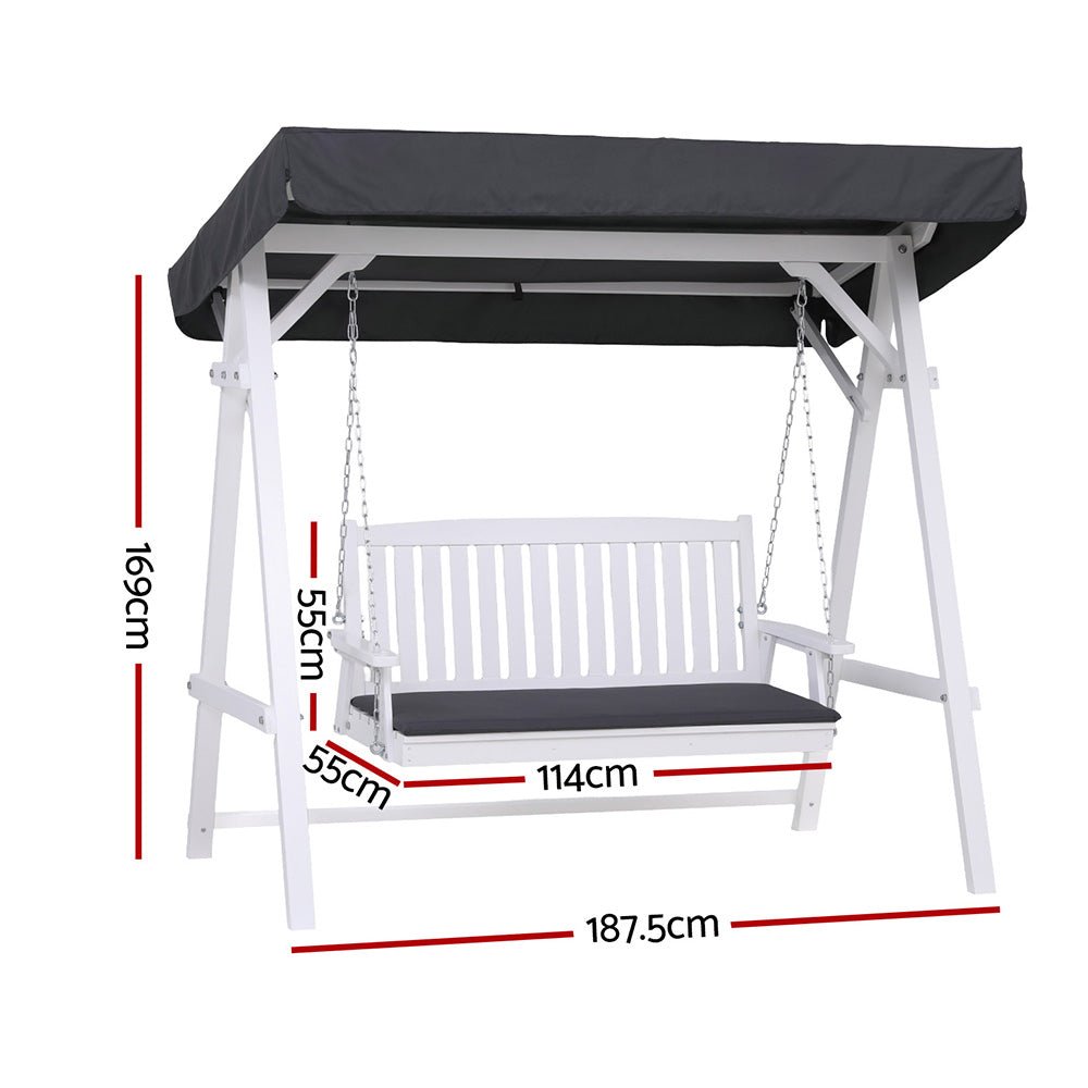 Gardeon Outdoor Wooden Swing Chair Garden Bench Canopy Cushion 3 Seater White | Outdoorium