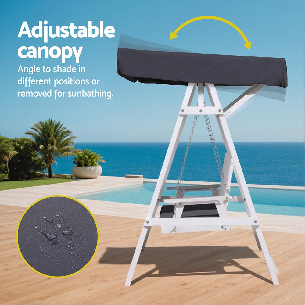 Gardeon Outdoor Wooden Swing Chair Garden Bench Canopy Cushion 3 Seater White | Outdoorium