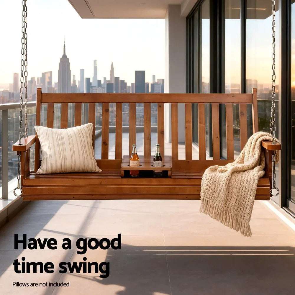 Gardeon Porch Outdoor Swing Chair Patio Furniture Wooden Bench 2 Seat Cup Holder | Furniture > Outdoor > Outdoor Chairs
