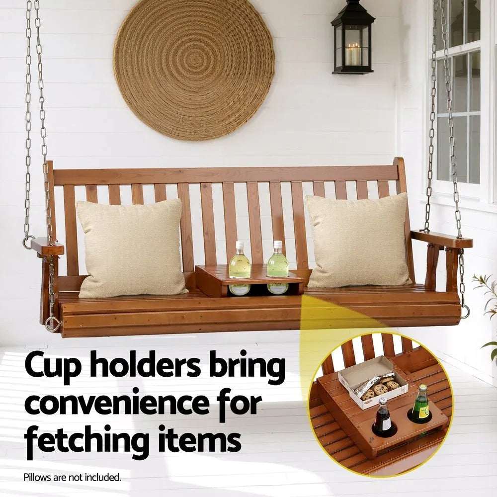 Gardeon Porch Outdoor Swing Chair Patio Furniture Wooden Bench 2 Seat Cup Holder | Furniture > Outdoor > Outdoor Chairs