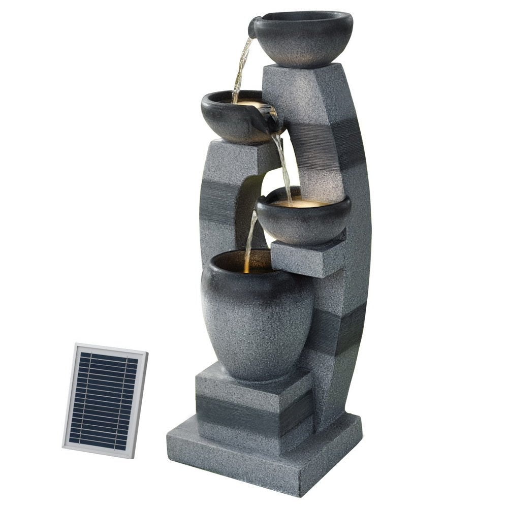 Gardeon Solar Fountain Water Feature Outdoor Fountain Indoor 3 - Tier Bowl Cascading Grey - Outdoorium