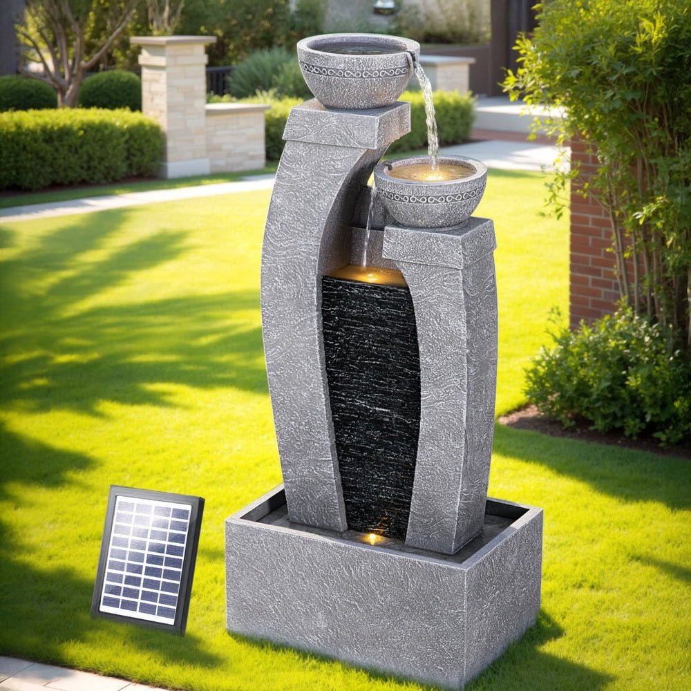 Gardeon Solar Fountain Water Feature Outdoor Fountain Indoor 3 - Tier Cascading Grey - Outdoorium