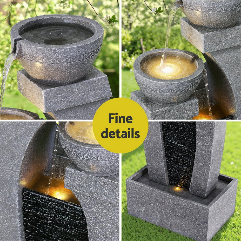 Gardeon Solar Fountain Water Feature Outdoor Fountain Indoor 3 - Tier Cascading Grey - Outdoorium