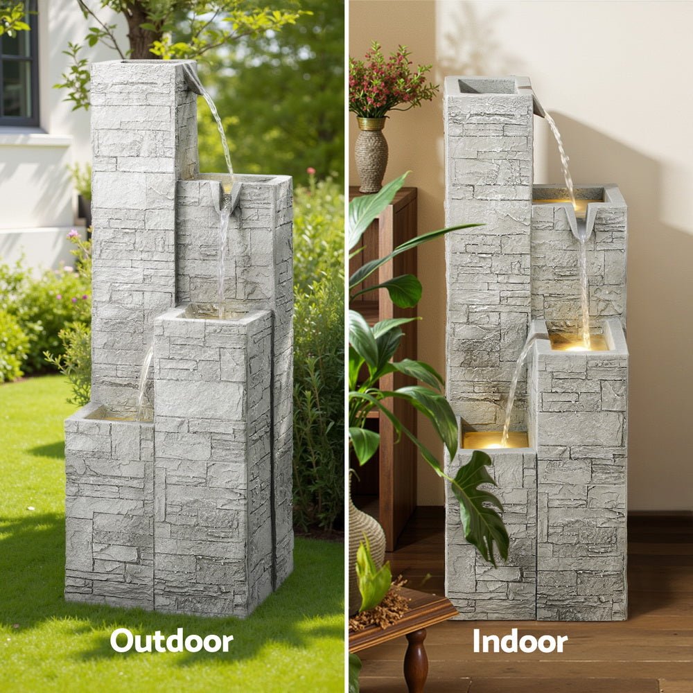 Gardeon Solar Fountain Water Feature Outdoor Indoor 4 - Tier Square Cascading Beige | Outdoorium