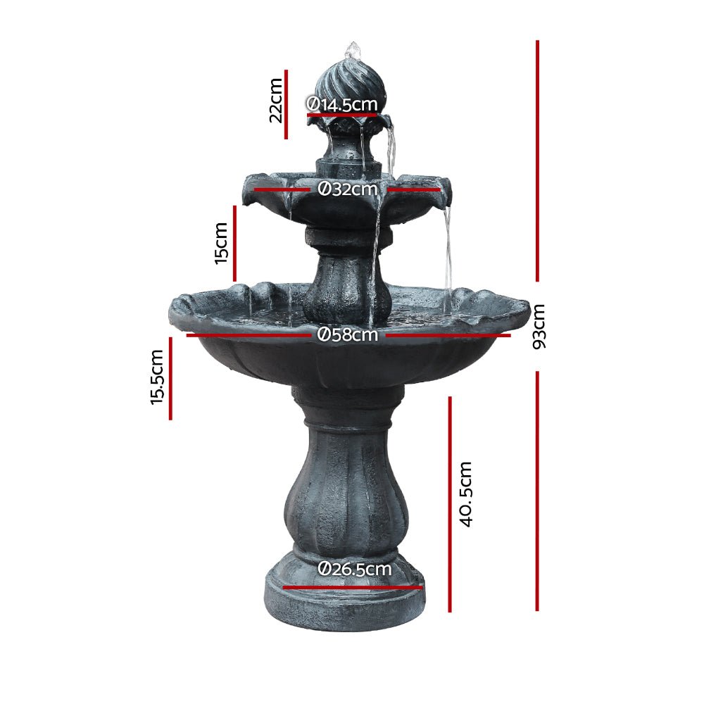 Gardeon Solar Water Feature 3 - Tier Fountain with Pump Kit Bird Bath 93CM Black - Outdoorium