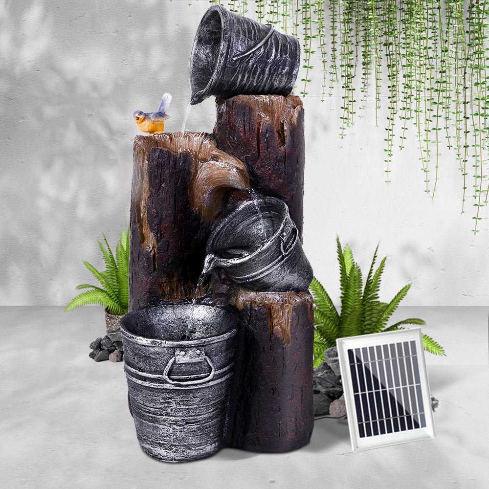 Gardeon Solar Water Feature Cascading Fountain 3 - Tier Bucket LED light Bird 76CM - Outdoorium