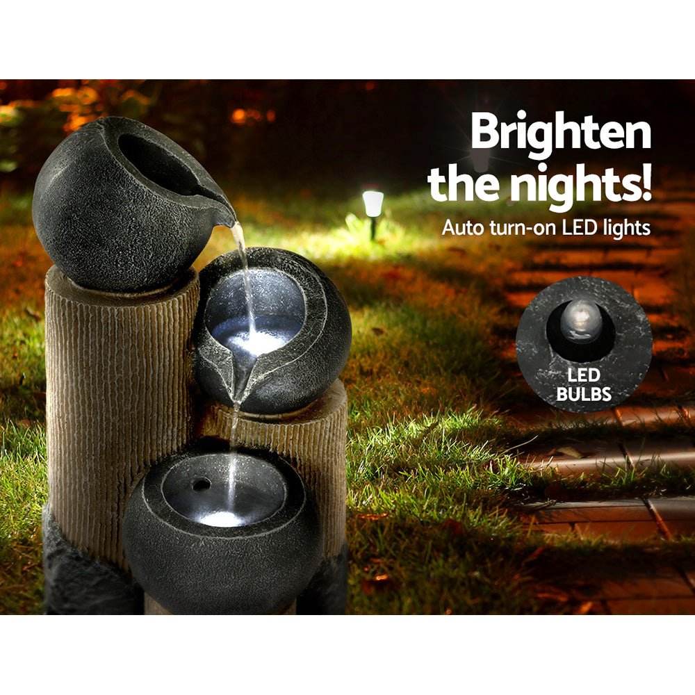 3-Tier Gardeon Solar Water Feature Cascading Fountain Pot LED Lights 76CM Grey - Outdoorium