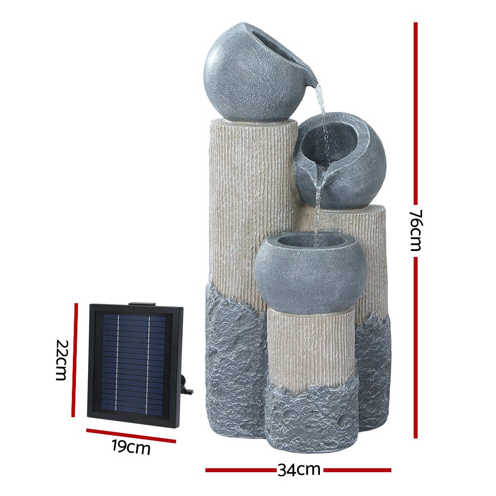 Gardeon Solar Water Feature Cascading Fountain 3 - Tier Pot LED Lights 76CM Grey - Outdoorium