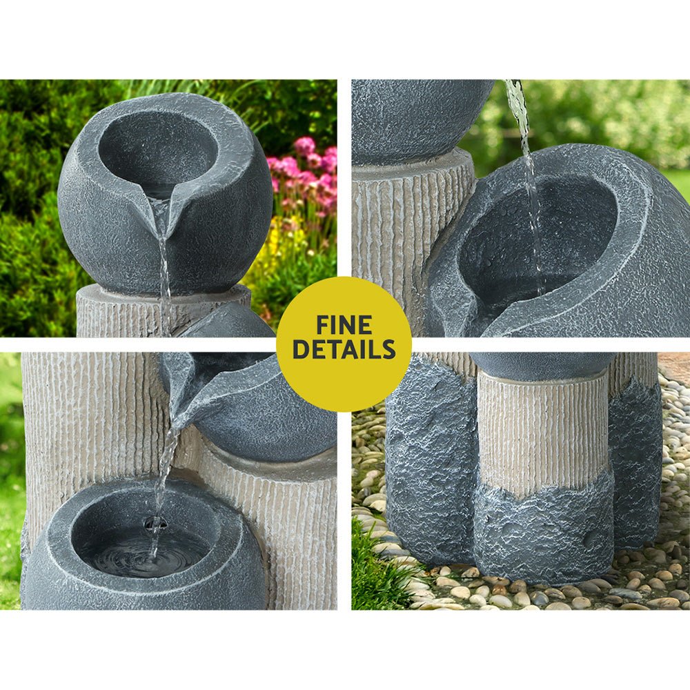 Gardeon Solar Water Feature Cascading Fountain 3 - Tier Pot LED Lights 76CM Grey - Outdoorium