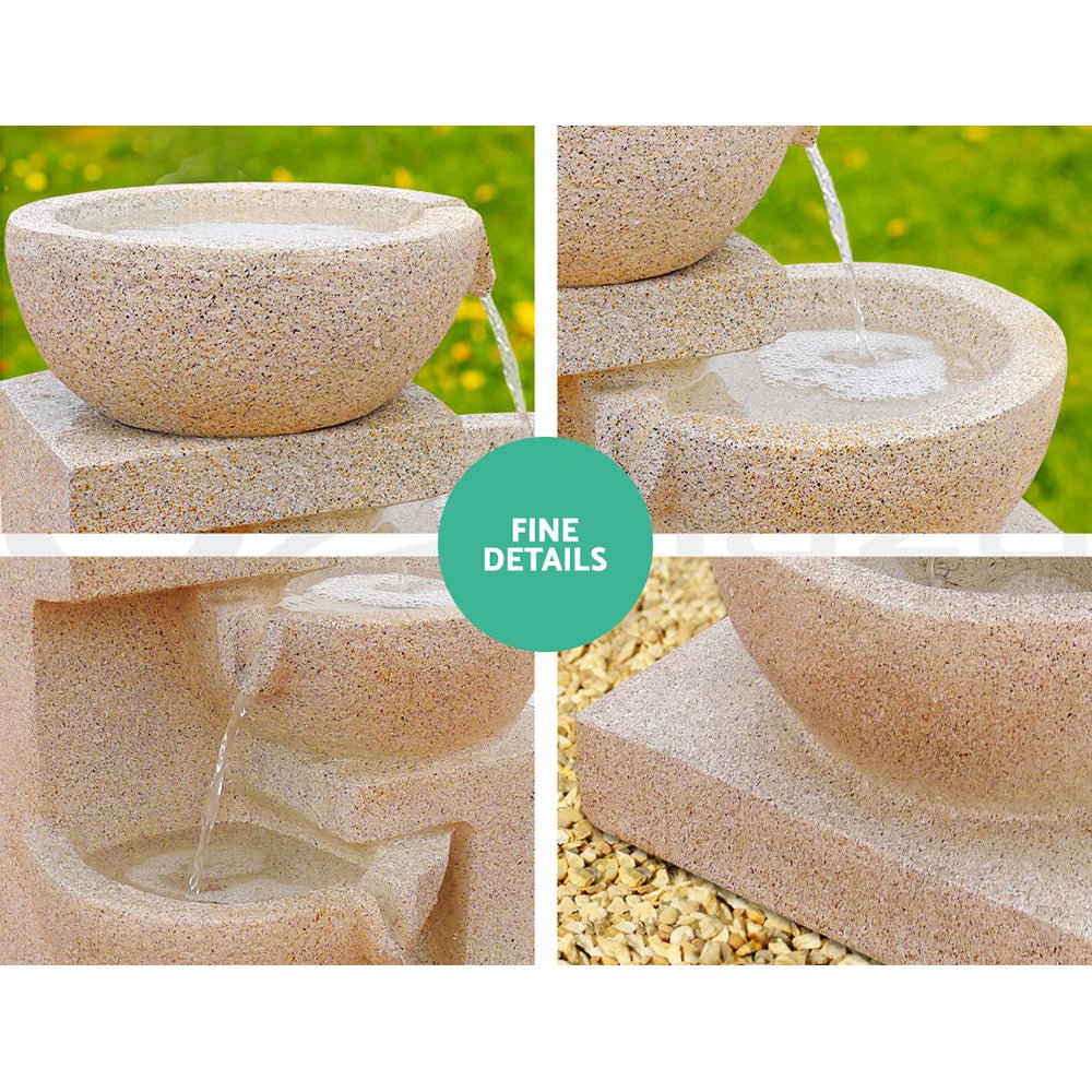 Gardeon Solar Water Feature Cascading Fountain 4 - Tier Bowl LED Lights 72CM Sand - Outdoorium