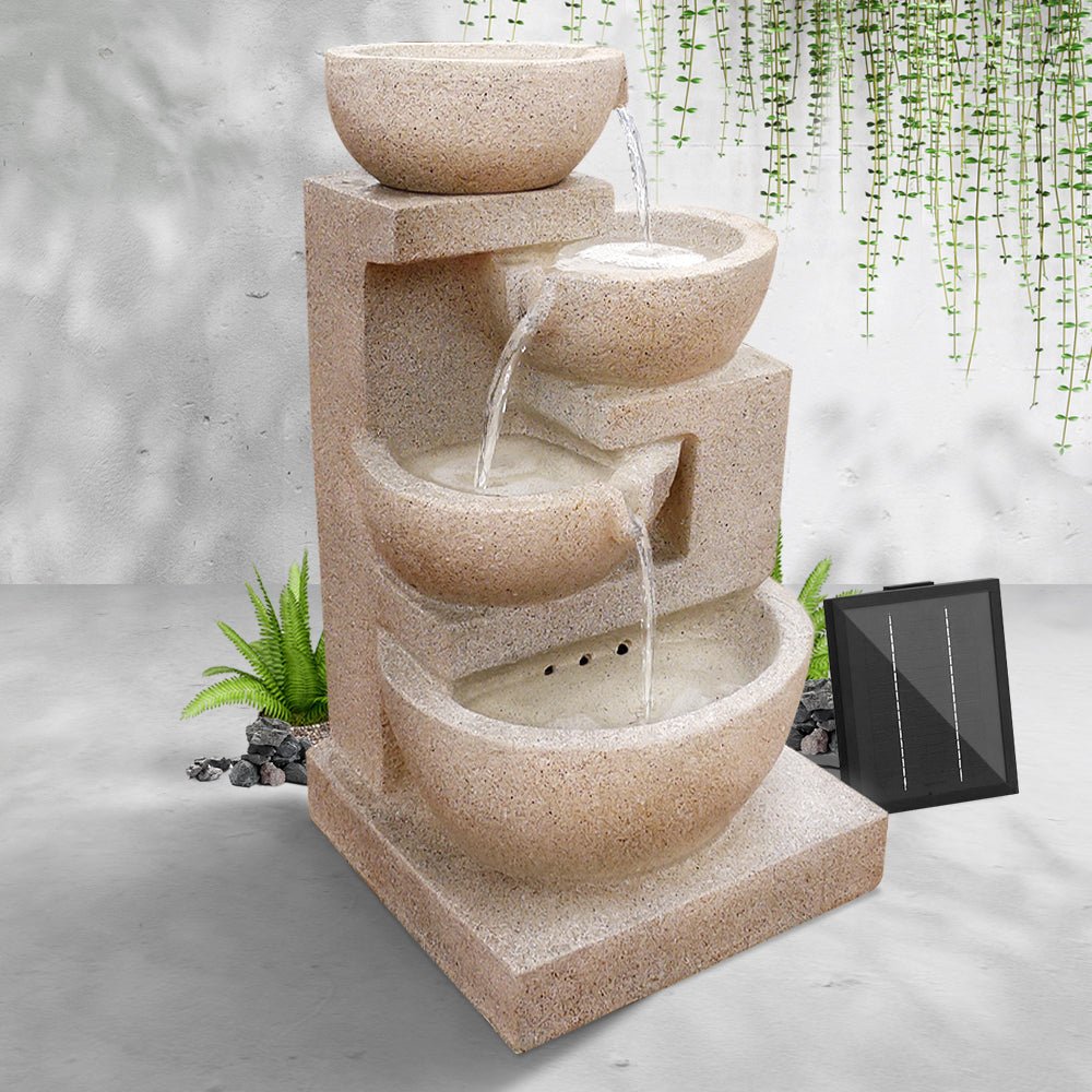 Gardeon Solar Water Feature Cascading Fountain 4 - Tier Bowl LED Lights 72CM Sand - Outdoorium