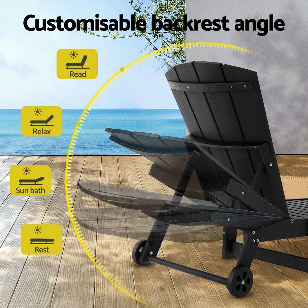 Gardeon Sun Lounge Beach Chair HDPE Adirondack Lounger Patio Outdoor Furniture with Wheels Black | Furniture > Outdoor > Outdoor Tables
