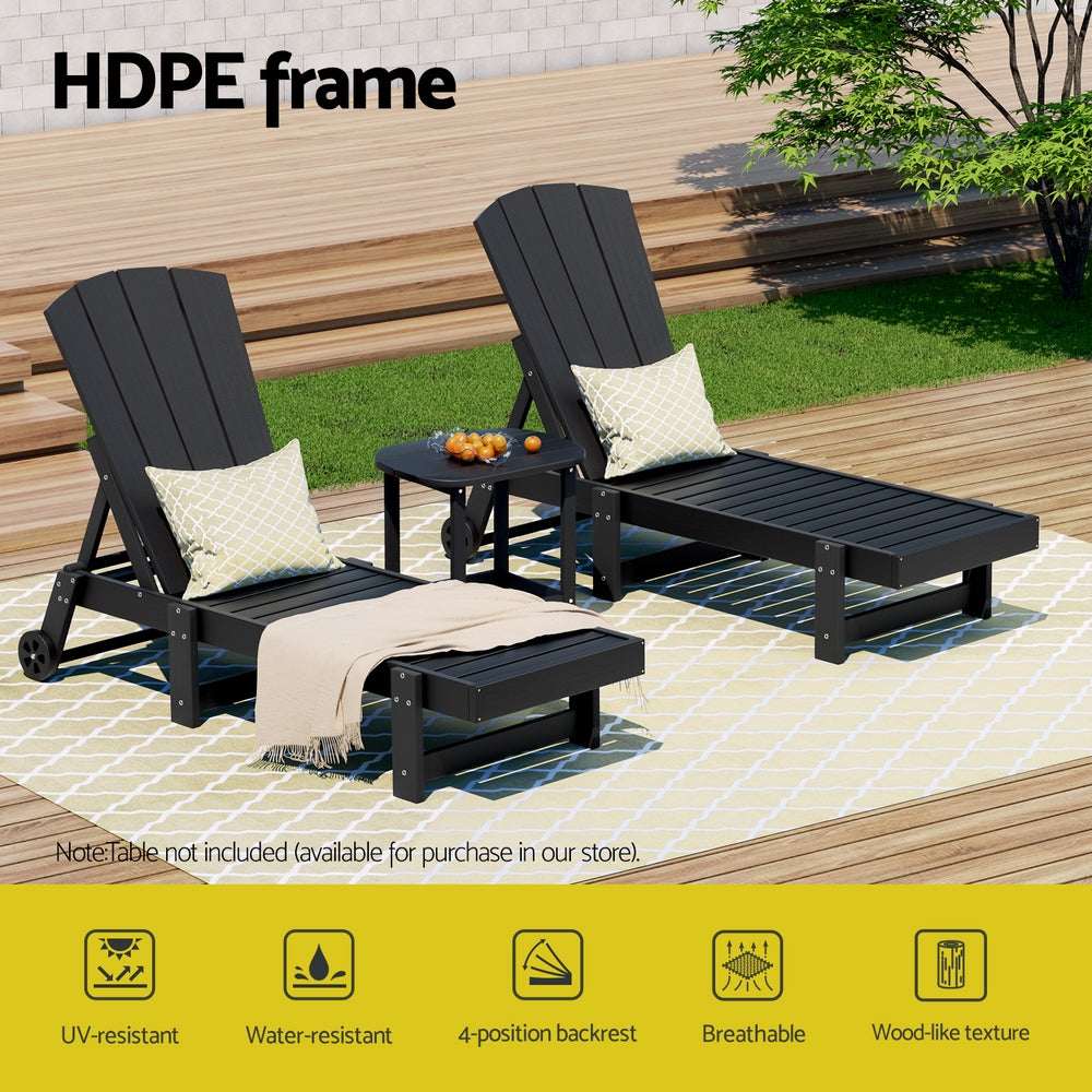 Gardeon Sun Lounge Beach Chair HDPE Adirondack Lounger Patio Outdoor Furniture with Wheels Black | Furniture > Outdoor > Outdoor Tables
